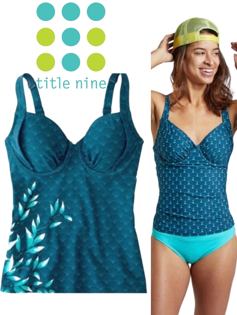 🆕️ TITLE NINE Bodacious Tankini Swim Top Floral Detail Blue Pattern